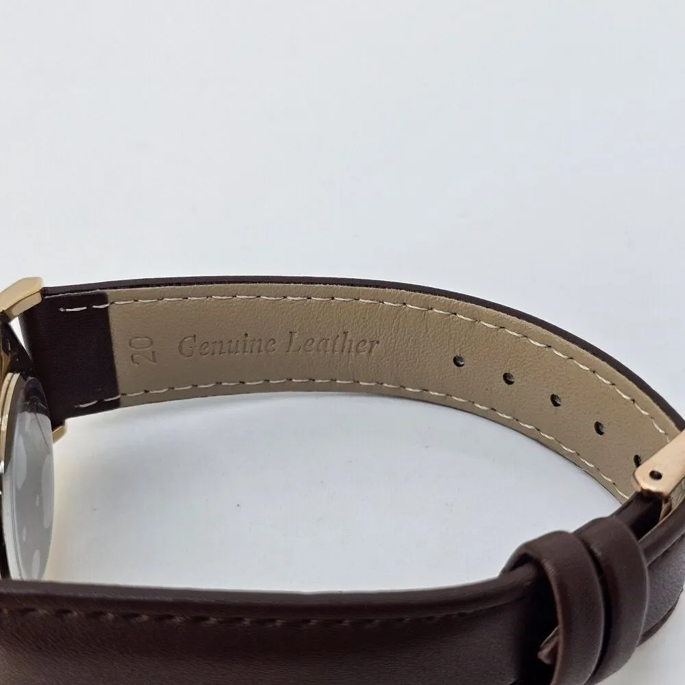 Men's Watch 40MM Gold Case Blue Dial Brown Leather Band‎ Straps Date Indicator